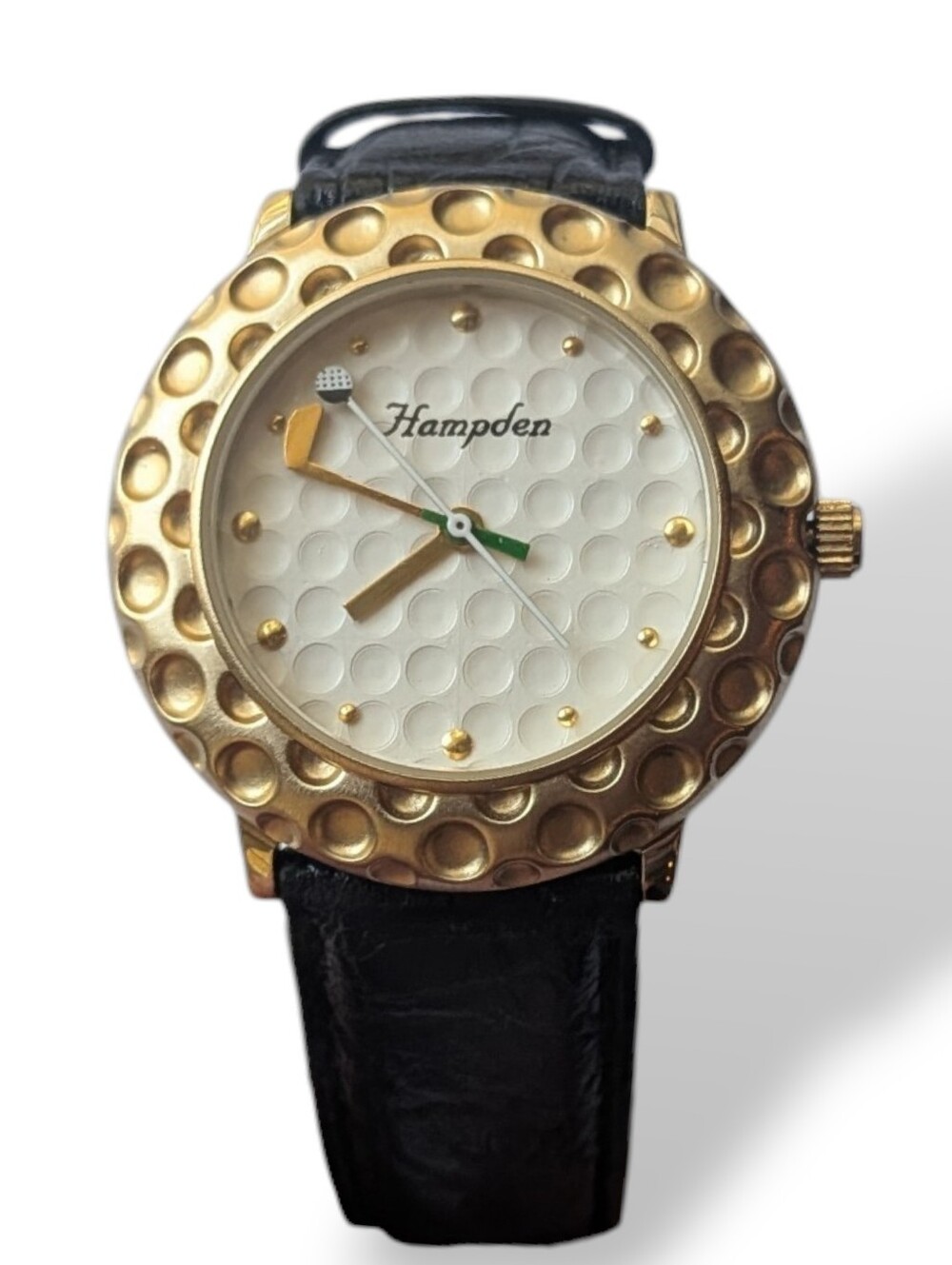 Hampden Golf Watch Golden Dimpled Bezel Club Hand Black Leather Strap Steel Back